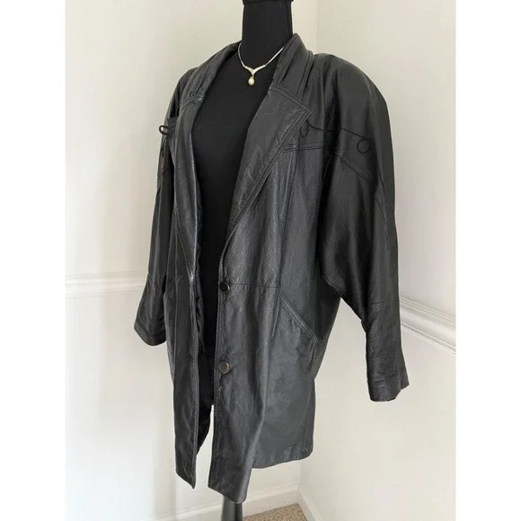 Vintage 90s Pelle Leather Jacket Mob Wife Aesthetic Black Soutache BlazerSz M
